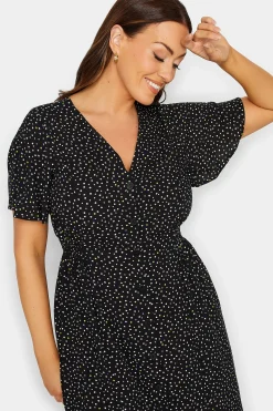 M&Co Womens M&Co Black Spot Print Shirred Waist Dress