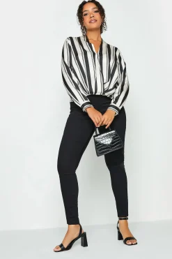 M&Co Womens M&Co Black Stripe Print Wrap Front Blouse