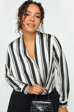 M&Co Womens M&Co Black Stripe Print Wrap Front Blouse