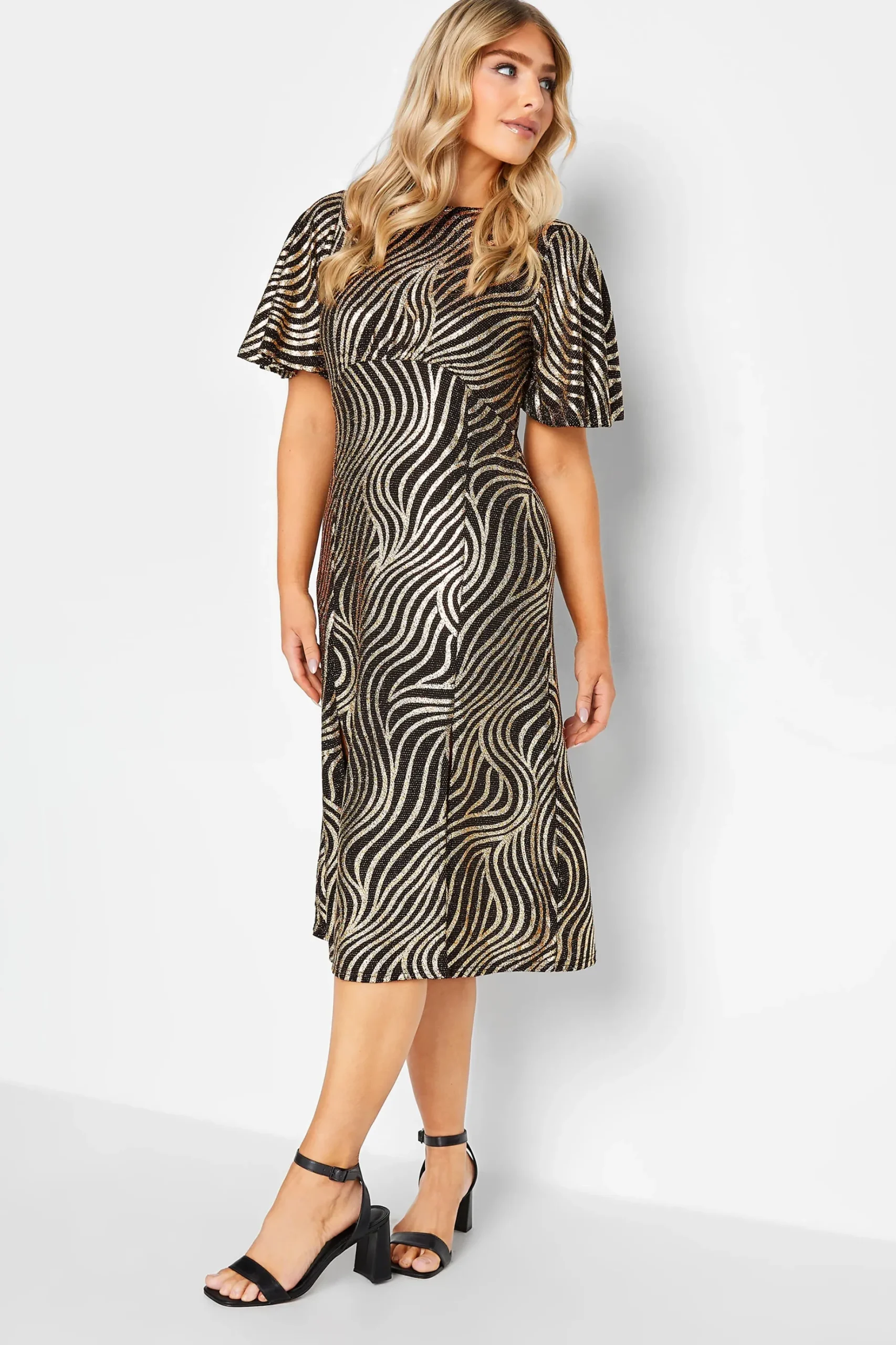 M&Co Womens M&Co Black Swirl Print Angel Sleeve Split Hem Midi Dress