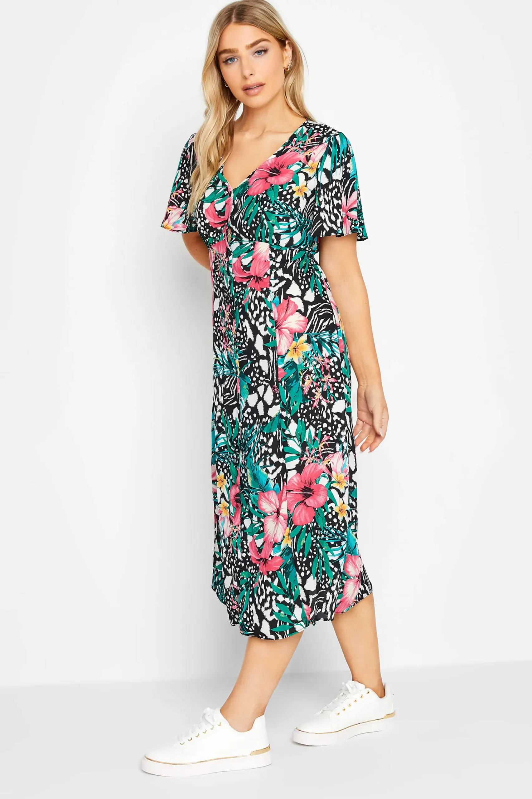 M&Co Womens M&Co Black Tropical Mixed Print Midi Tea Dress