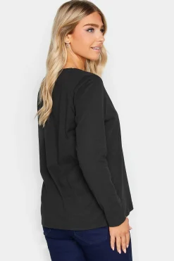 M&Co Womens M&Co Black V-Neck Long Sleeve Cotton Blend T-Shirt