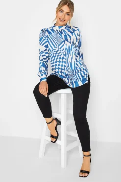 M&Co Womens M&Co Blue Abstract Print High Neck Satin Blouse