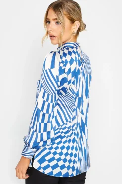 M&Co Womens M&Co Blue Abstract Print High Neck Satin Blouse