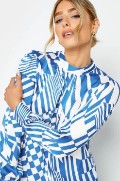 M&Co Womens M&Co Blue Abstract Print High Neck Satin Blouse