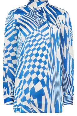 M&Co Womens M&Co Blue Abstract Print High Neck Satin Blouse