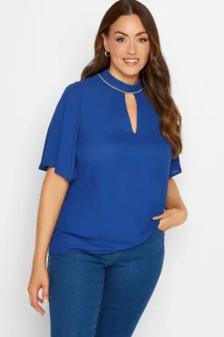 M&Co Womens M&Co Blue Embellished Neck Keyhole Blouse