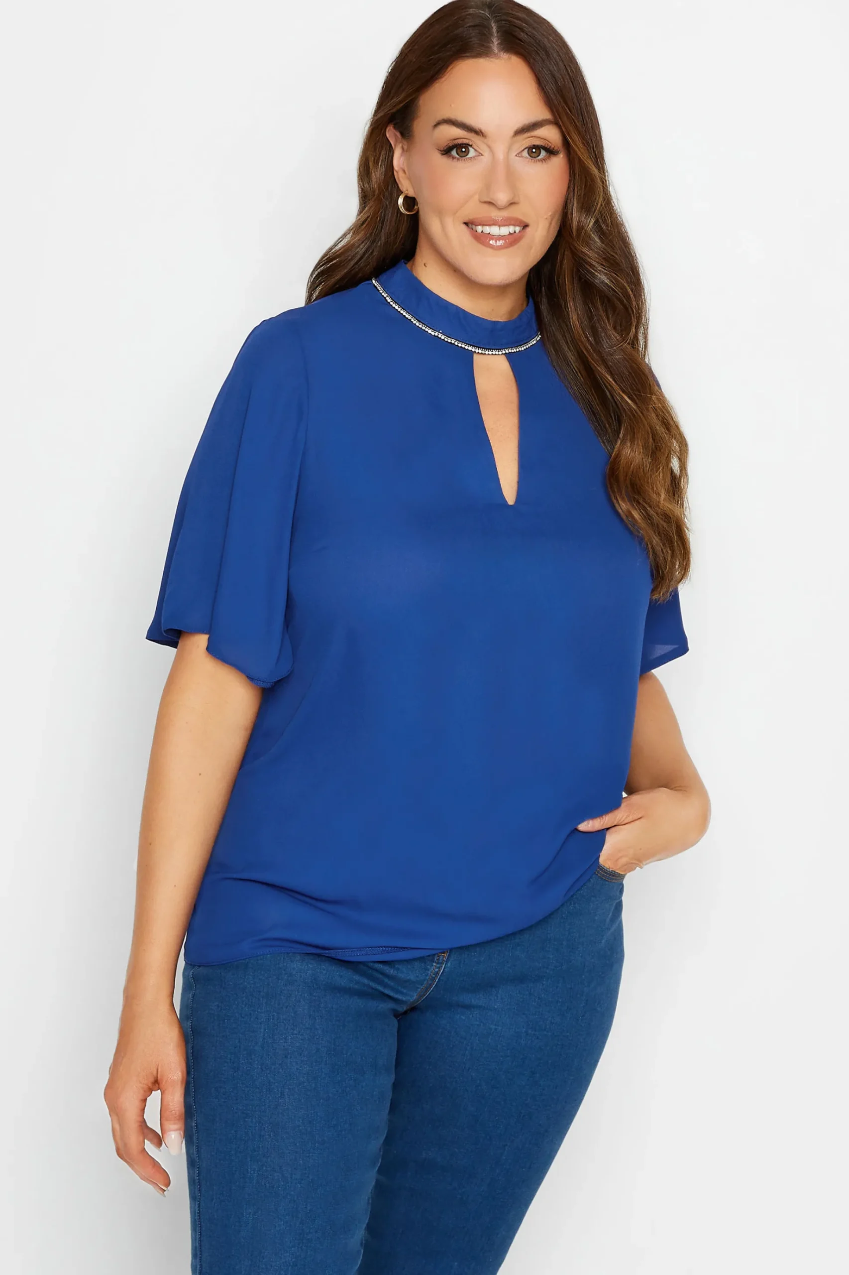 M&Co Womens M&Co Blue Embellished Neck Keyhole Blouse