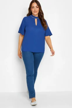 M&Co Womens M&Co Blue Embellished Neck Keyhole Blouse