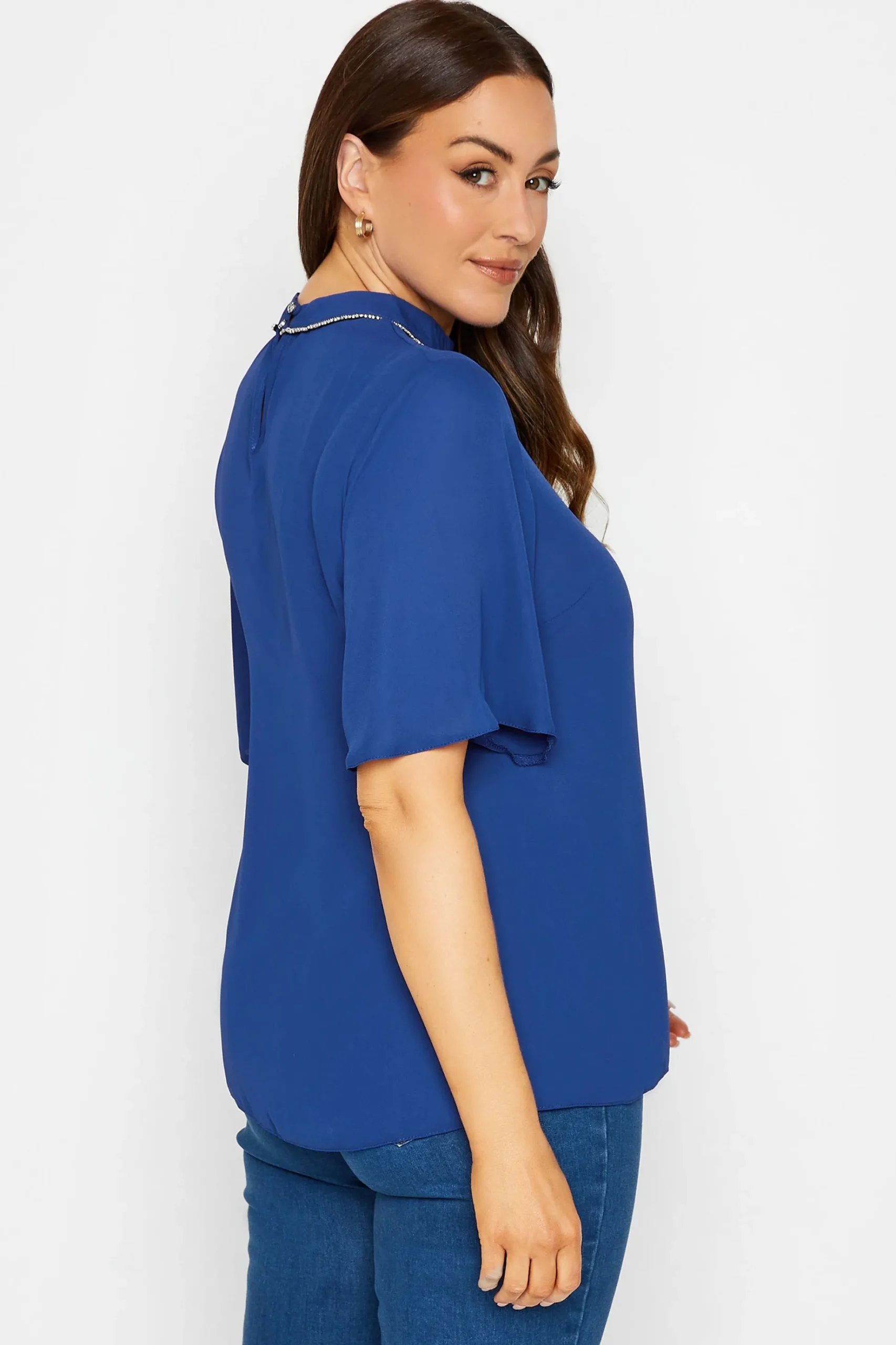 M&Co Womens M&Co Blue Embellished Neck Keyhole Blouse