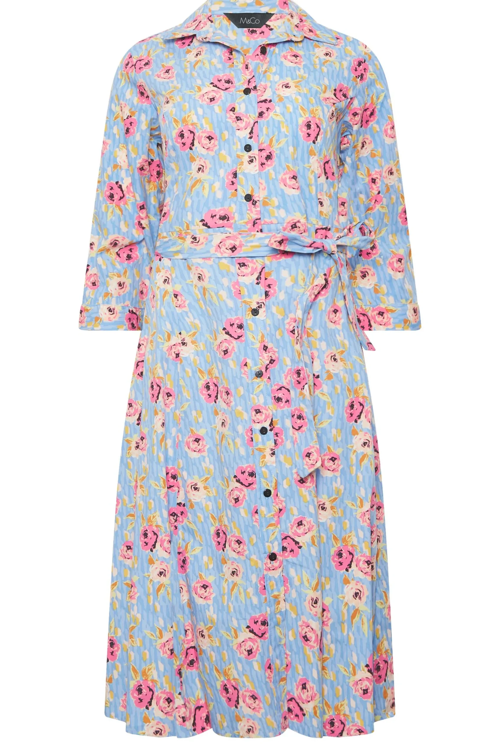 M&Co Womens M&Co Blue Floral Print Tie Waist Shirt Dress