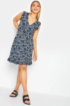 M&Co Womens M&Co Blue Floral Print Frill Sleeve Mini Dress