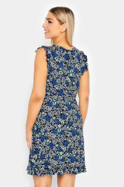 M&Co Womens M&Co Blue Floral Print Frill Sleeve Mini Dress