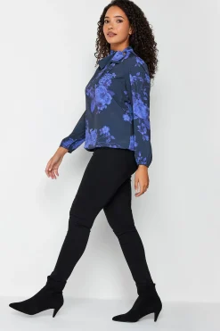 M&Co Womens M&Co Blue Floral Print Tie Neck Bubble Hem Blouse