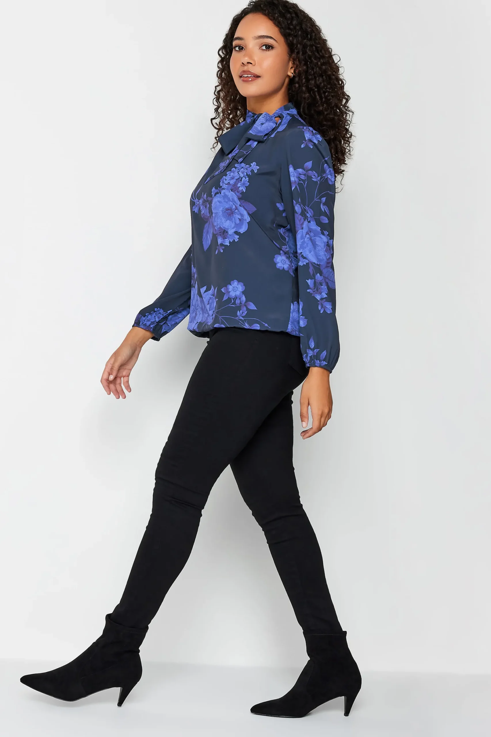 M&Co Womens M&Co Blue Floral Print Tie Neck Bubble Hem Blouse
