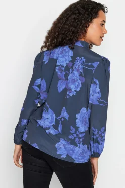 M&Co Womens M&Co Blue Floral Print Tie Neck Bubble Hem Blouse