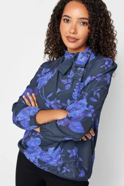M&Co Womens M&Co Blue Floral Print Tie Neck Bubble Hem Blouse