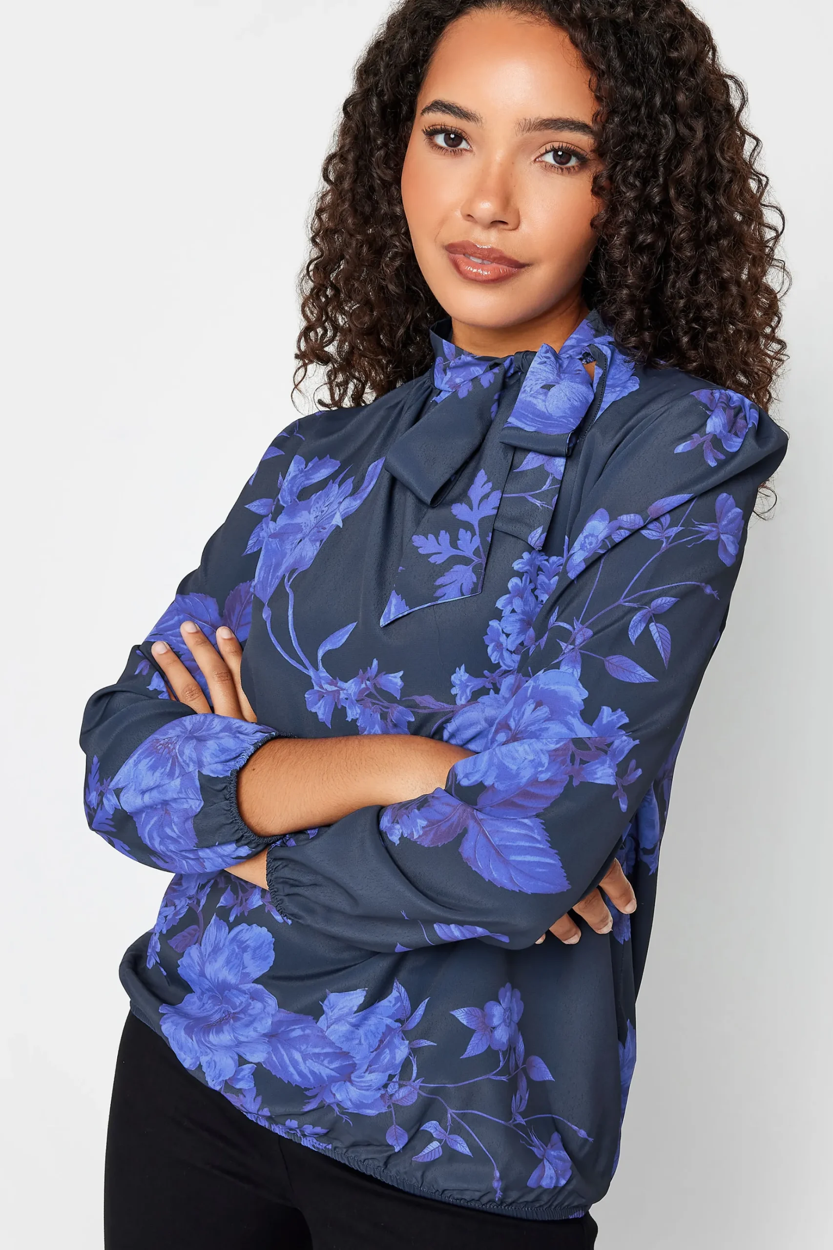 M&Co Womens M&Co Blue Floral Print Tie Neck Bubble Hem Blouse