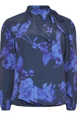 M&Co Womens M&Co Blue Floral Print Tie Neck Bubble Hem Blouse