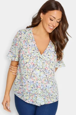 M&Co Womens M&Co Blue Floral Print Frill Sleeve Blouse