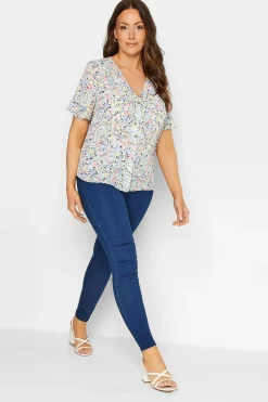 M&Co Womens M&Co Blue Floral Print Frill Sleeve Blouse