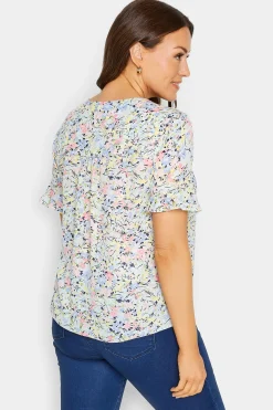 M&Co Womens M&Co Blue Floral Print Frill Sleeve Blouse