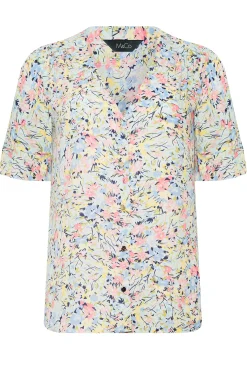 M&Co Womens M&Co Blue Floral Print Frill Sleeve Blouse