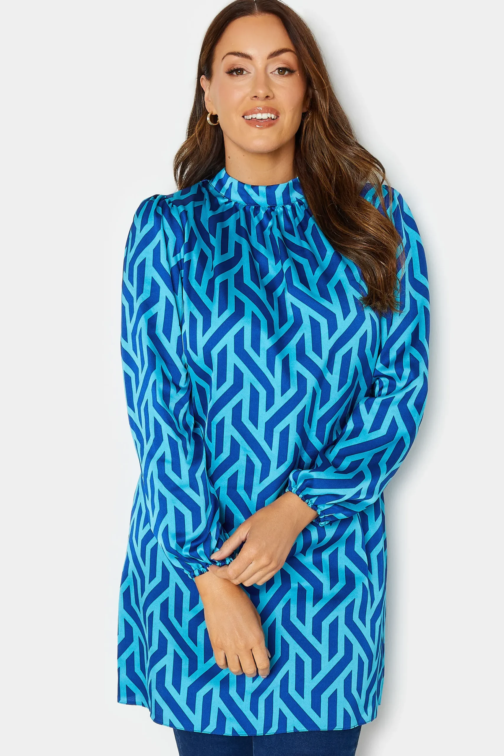M&Co Womens M&Co Blue Geometric Print Satin Tunic Blouse