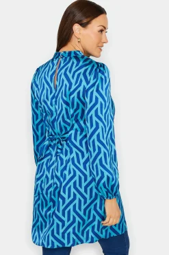 M&Co Womens M&Co Blue Geometric Print Satin Tunic Blouse