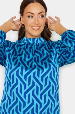 M&Co Womens M&Co Blue Geometric Print Satin Tunic Blouse
