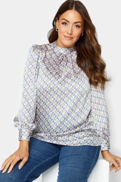 M&Co Womens M&Co Blue Geometric Print High Neck Satin Blouse