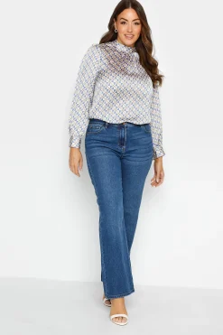 M&Co Womens M&Co Blue Geometric Print High Neck Satin Blouse