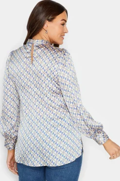 M&Co Womens M&Co Blue Geometric Print High Neck Satin Blouse