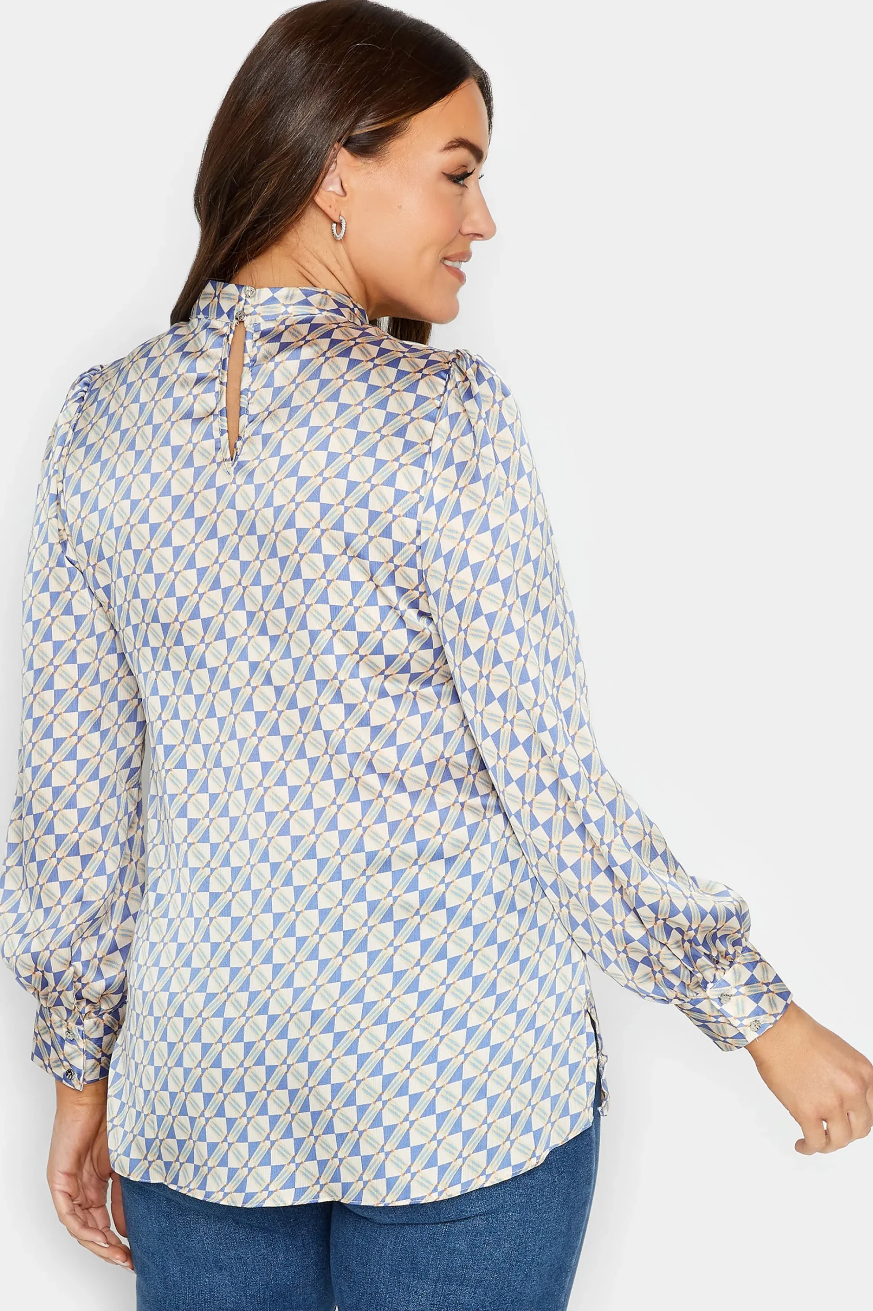 M&Co Womens M&Co Blue Geometric Print High Neck Satin Blouse