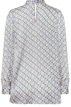 M&Co Womens M&Co Blue Geometric Print High Neck Satin Blouse