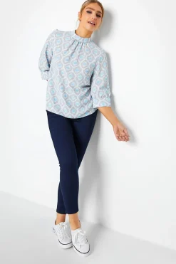M&Co Womens M&Co Blue Geometric Print High Neck Blouse