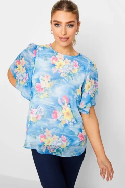 M&Co Womens M&Co Blue Hawaiian Print Angel Sleeve Blouse