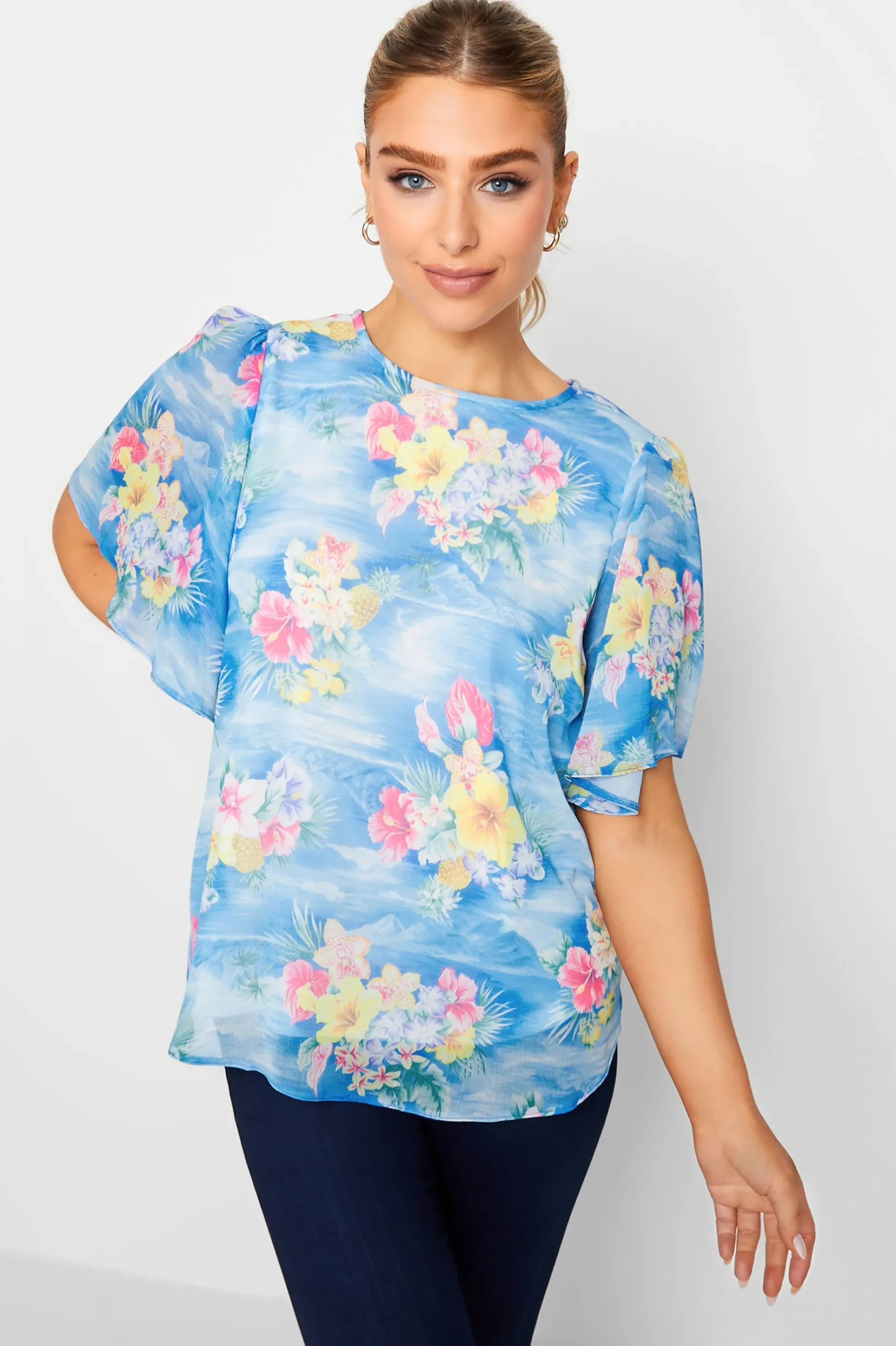 M&Co Womens M&Co Blue Hawaiian Print Angel Sleeve Blouse