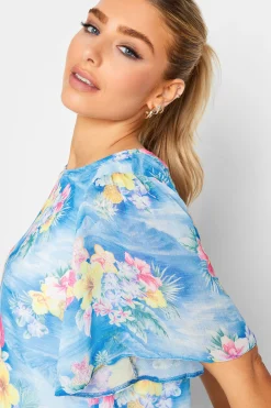M&Co Womens M&Co Blue Hawaiian Print Angel Sleeve Blouse