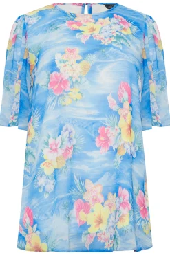 M&Co Womens M&Co Blue Hawaiian Print Angel Sleeve Blouse