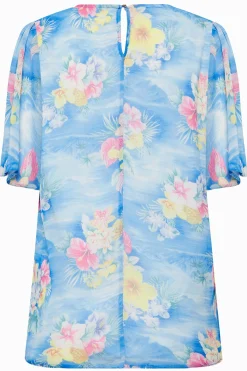 M&Co Womens M&Co Blue Hawaiian Print Angel Sleeve Blouse