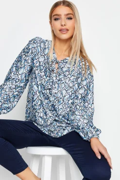 M&Co Womens M&Co Blue Snake Print Tie Neck Blouse