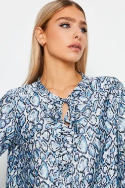 M&Co Womens M&Co Blue Snake Print Tie Neck Blouse
