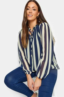 M&Co Womens M&Co Blue Stripe Tie Neck Blouse