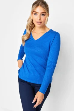 M&Co Womens M&Co Blue V-Neck Long Sleeve Cotton T-Shirt