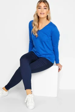 M&Co Womens M&Co Blue V-Neck Long Sleeve Cotton T-Shirt