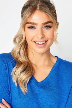 M&Co Womens M&Co Blue V-Neck Long Sleeve Cotton T-Shirt