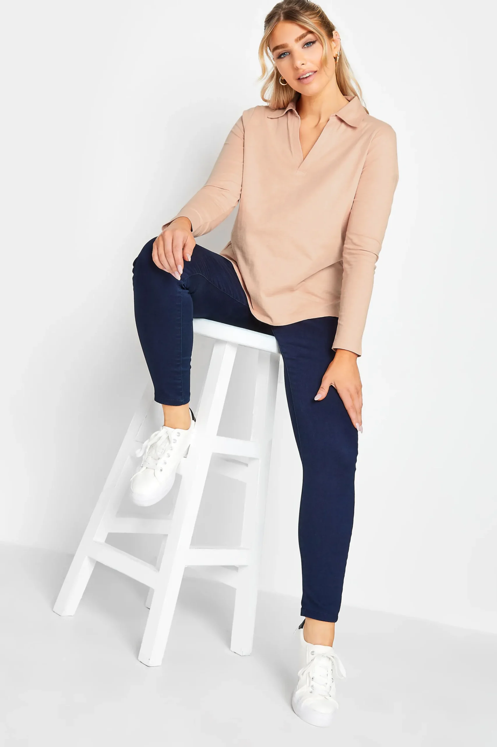 M&Co Womens M&Co Blush Pink Collared Long Sleeve Cotton Top