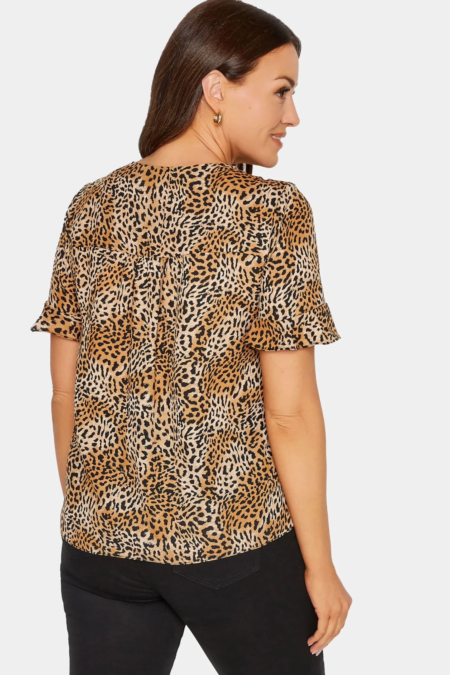 M&Co Womens M&Co Brown Animal Print Frill Sleeve Button Through Blouse