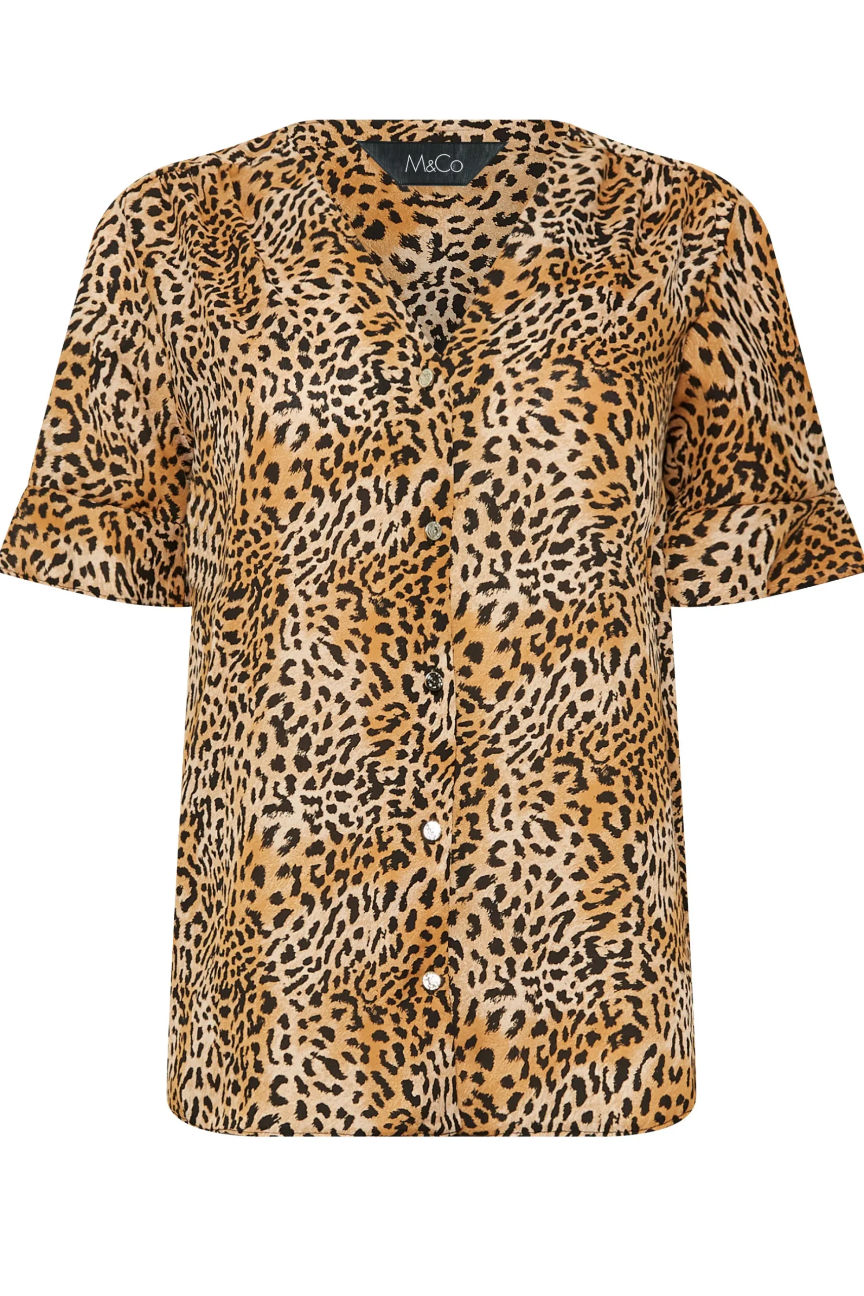 M&Co Womens M&Co Brown Animal Print Frill Sleeve Button Through Blouse